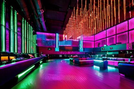 RAW photo,Night Club with neon lights, huge room, (high detailed :1.2), cyberpunk, dslr, soft lighting, high quality, (ultra realistic:1.2), Fujifilm XT3  <lora:OTA-NightClub-RealisticVisionV2.0:1>