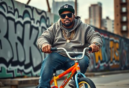“Create a highly detailed, realistic photographic image captured with an aspherical Panavision 105mm lens effect. The scene features a big, heavyset rapper with a bold hip-hop style, inspired by Snoop Dogg and 50 Cent, riding a small, colorful young boy’s bicycle. The rapper wears large gold chains with diamond accents, oversized sunglasses, and a fitted cap turned slightly to the side. His outfit includes a baggy hoodie, jeans, and classic sneakers, with visible tattoos on his forearms. His expression is cool and confident, capturing classic hip-hop swagger. The background features a graffiti-covered wall and urban cityscape, with a humorous contrast to his serious demeanor.”