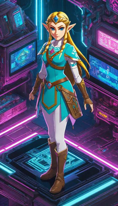 isometric style Princess Zelda, reimagined in a cyberpunk universe, cyberpunk style, augmentation, cybernetics, cinematic scene, hero view, action pose, beautiful 8k, masterpiece, best quality, high quality, absurdres . vibrant, beautiful, crisp, detailed, ultra detailed, intricate
