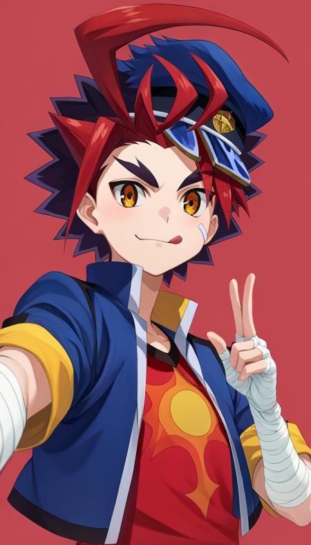 gao mikado, peaked cap, blue cropped jacket, red t-shirt, bandaged arm