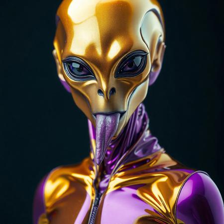 abstract male alien model in latex shiny full body outfit  avant-garde style with reflective gold and purple bold Color Scheme   He has a small nose and slim mouth with a long tongue