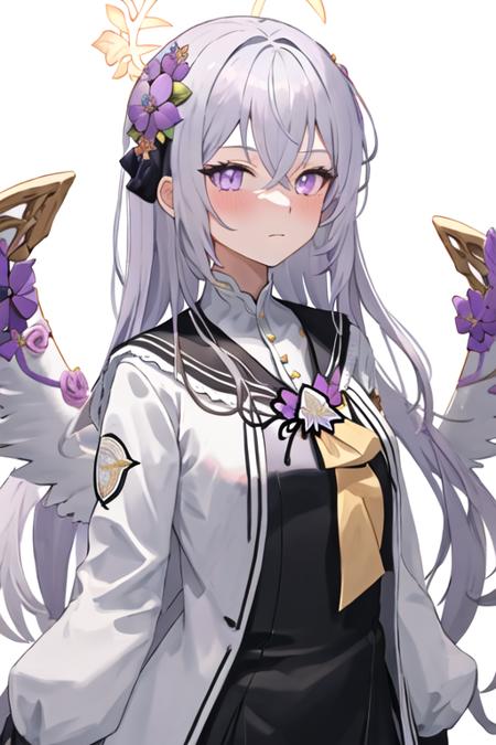 best quality, masterpiece, highres, solo, {azusa_bluearchive:1.15}, long_hair, hair_ornament, hair_between_eyes, flower, hair_flower, halo, wings, white_hair, purple_eyes, bangs, blush, purple_flower, white_wings, 1girl, closed_mouth, dress, jacket, sailor_collar, school_uniform, simple_background, white_background, white_jacket, crossed_bangs, looking_at_viewer, black_dress, upper_body, black_sailor_collar