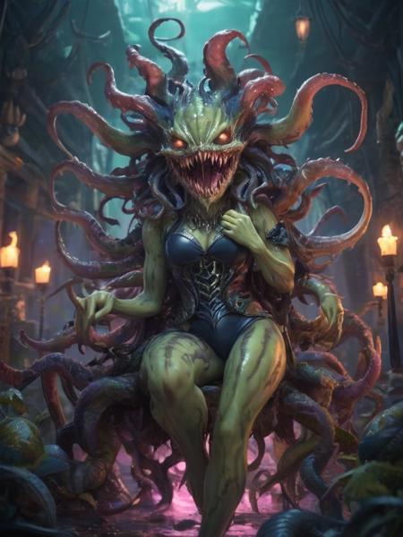 a (morbol:1.1) with make-up and alluring tentacles and sharp teeth is posing seductively calling viewer over, wearing (sexy attire:1.1), poison, monster focus, composition, light, bokee,   <lora:- SDXL -_ff_morbol_V1.0:.7>,