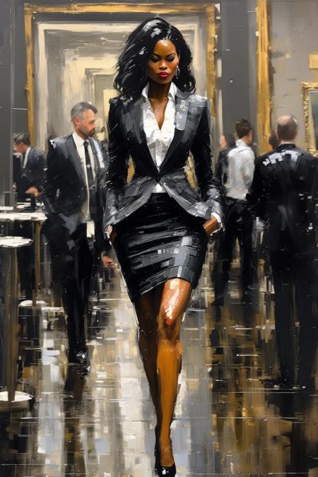 <lora:Ben Aronson Style:1>Ben Aronson Style - A sophisticated curvaceous ebony woman wearing a tailored suit by Alexander McQueen, exploring the art galleries of Chelsea in London, England painted in Mark Lague style. She pairs the suit with oxford shoes. The setting is artistic, refined, and captures the contemporary art scene of this cultural hub.