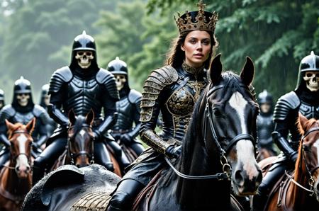 Cinematic film still Closeup of a beautiful queen dressed in a black armor riding a black horse in the rain, her hair is wet and her face is covered in mud.  She is followed by an army of skeletons. Style by J.C. Leyendecker. Canon 5d Mark 4, Kodak Ektar, 35mm