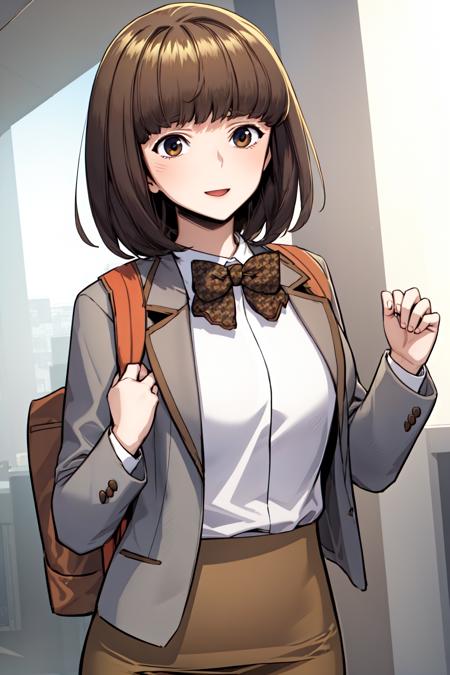 masterpiece, best quality, absurdres, perfect anatomy, beautiful background, beautiful face, beautiful eyes, beautiful body, upper body, yu dayun, 1girl, happy, short hair, skirt, brown hair, shirt, long sleeves, bow, brown eyes, school uniform, jacket, white shirt, collared shirt, blunt bangs, bowtie, bag, blazer, backpack, pencil skirt, brown skirt, plaid bow, brown bowtie, Bending over as if picking something up,  <lora:Yu_Dayun:0.85>