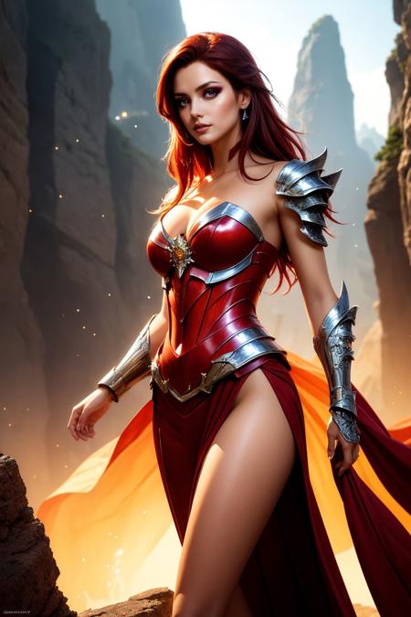 beautiful scarlet haired woman, red eyes, wearing armored strapless crimson dress with silver details, makeup, red eye shadow, detailed eyes, beautiful, long straight hair, bangs, jewelry, highly detailed, masterpiece, art by artgerm, by greg rutkowski, by ed blinkey, oil painting, vivid colors, outdoors, fantasy landscape, [starry sky: 10], OverallDetail