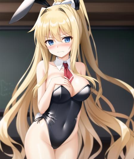 (misuzu-21500-33000:1.1), 1 (shy playboy bunny:1.4) (standing inside classroom:1.3) with blue eyes and (absurdly long blonde ponytail:1.3) and hair intake and (wearing black leotard:1.3), (gigantic breasts:1), bare legs, (shy and blush:1.3), (shy and blush and angry:1.1)
{{masterpiece}}}, {{best quality, super fine illustration}}, ((dense hair)),  ((beautiful eyes)),{very delicate light, perfect and delicate limbs}, {{ fine luminescence ,very fine 8K CG wallpaper}}, (an extremely delicate and beautiful girl), dynamic angle, l (staring blankly, lovely big eyes), beautiful detailed eyes, (absurdres, incredibly absurdres, illustration, ultra-detailed), 
solo, high quality, CG, wallpaper, anime girl, long hair, (hair between eyes), (very long bangs between eyes), dense hair, cute face, two legs, detailed hair, (very detailed hair), (beautiful eyes), 
(misuzu-21500-33000:1.1), 1 (shy playboy bunny:1.2) (standing inside classroom:1.1) with blue eyes and (absurdly long blonde ponytail:1.3) and hair intake and (wearing black leotard:1.2), (gigantic breasts:1), bare legs, (shy and blush:1.3), (shy and blush and angry:1.2)