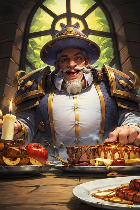 HEZI, Hearthstone, candle, male focus, 1boy, food, bread, facial hair, beard, knife, solo, muscular male, armor, indoors, muscular, bottle, old, window, pectorals, upper body, white hair, apple, fruit, plate, shirt, old man, smile, bara, white shirt, fat, open mouth, looking at viewer, table, partially unbuttoned, wrinkled skin, mustache, shoulder armor, pig, candlestand, large pectorals, mature male, fat man, button gap, tongue, fire, fork, buttons, braid, steak, pauldrons, meat, dark skin, onion, cheese,<lora:çç³ä¼ è¯´-000006:0.7>,