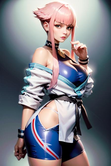 (masterpiece, best quality:1.2) 1girl, solo, looking at viewer, manon, sf6, pink hair, short hair with long locks, bangs, blue eyes, lips, large breasts, halterneck, dougi, hip vent, off shoulder, martial arts belt, shorts, <lora:MANON-15:0.6>