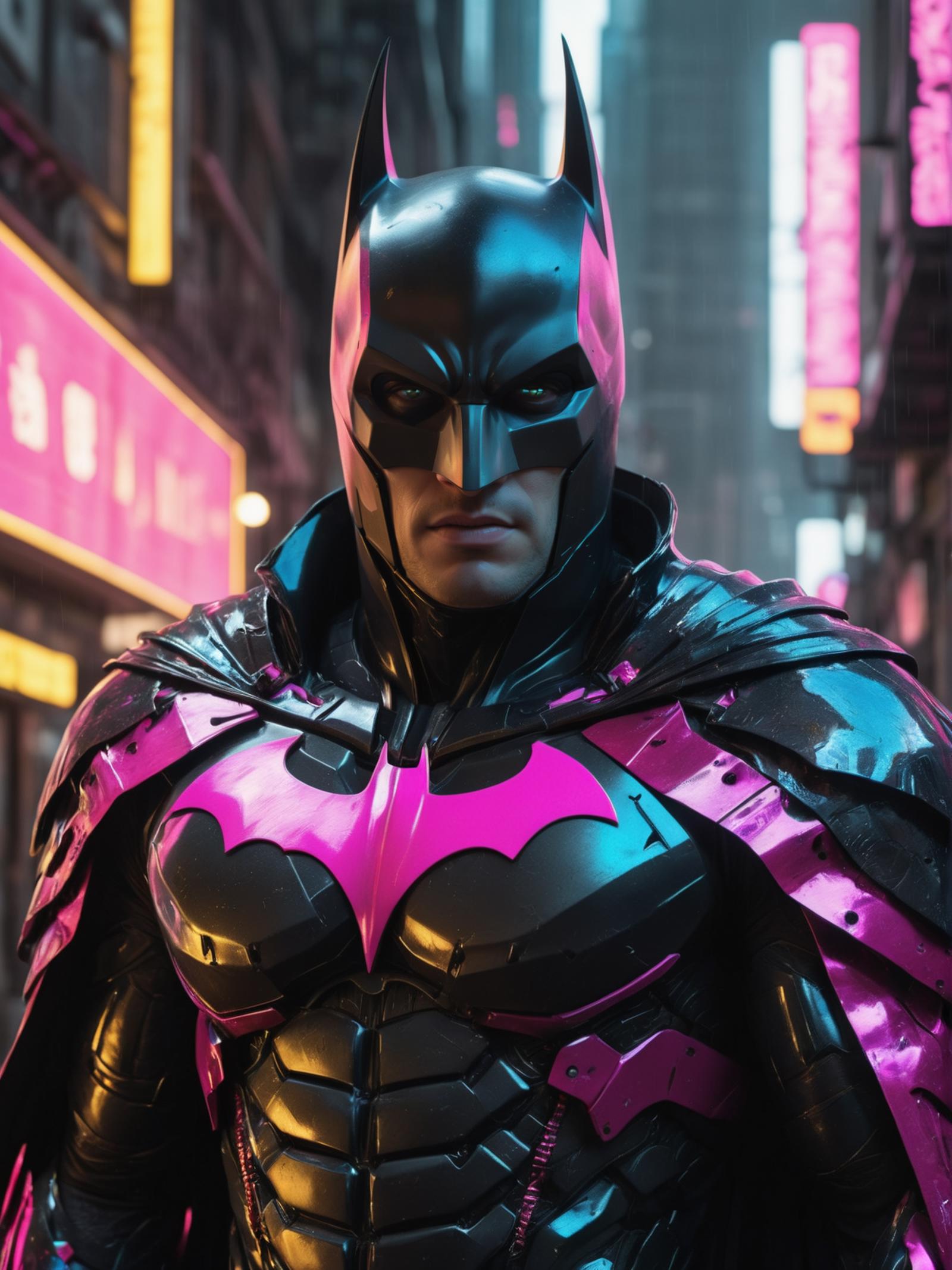A Batman character wearing a black and pink costume on a city street.
