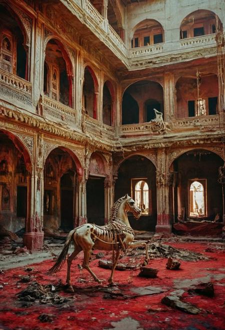 one vampire skeleton on a horse still, an ancient temple grave long cape stars death many corpses skeletons on the floor, races minglingto a brutalist house in marrakech, and towering masted ships.  A bold color palette of rich reds,  fantastical, film design, Leica smoldering accent and (shiny gold color scheme:1.02). (miniature,diorama,no_realistic photography style), light grain, In this bizarre landscape, one altered element can send the entire scene careening into chaos.