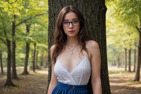 35mm film, one pretty european girl, solo, supermodel, long light brown hair, long wavy hair, pale skin, perfect face, small nose, blue eyes, lips, big tits, nice breasts, necklace, black frame glasses, short blue lace dress with a belt, white heeled shoes, looking at viewer, looking directly at viewer, a breathtaking forest view, offering panoramic views of majestic and sweeping trees, nature light, early spring season, full body view of girl, epiCPhoto, <lora:pytorch_lora_weights:0.5>, <lora:picxer_real:0.7>, <lora:FilmVelvia3:0.3>, <lora:more_details:0.6>