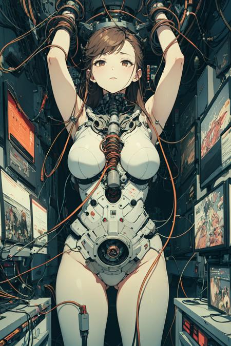 (masterpiece, top quality, best quality, official art, beautiful and aesthetic:1.2), extreme detailed,colorful,highest detailed ((ultra-detailed)), (highly detailed CG illustration), ((an extremely delicate and beautiful)),cinematic light,
cultivation tank,1girl, solo, restrained, science fiction, bound, arms up, bondage, bdsm, long hair,bodysuit,
machine made joints,blood vessels connected to tubes,mechanical vertebra attaching to belly,mechanical cervial attaching to neck,expressionless,wires and cables attaching to neck,wires and cables on head,character focus,science fiction,blood,