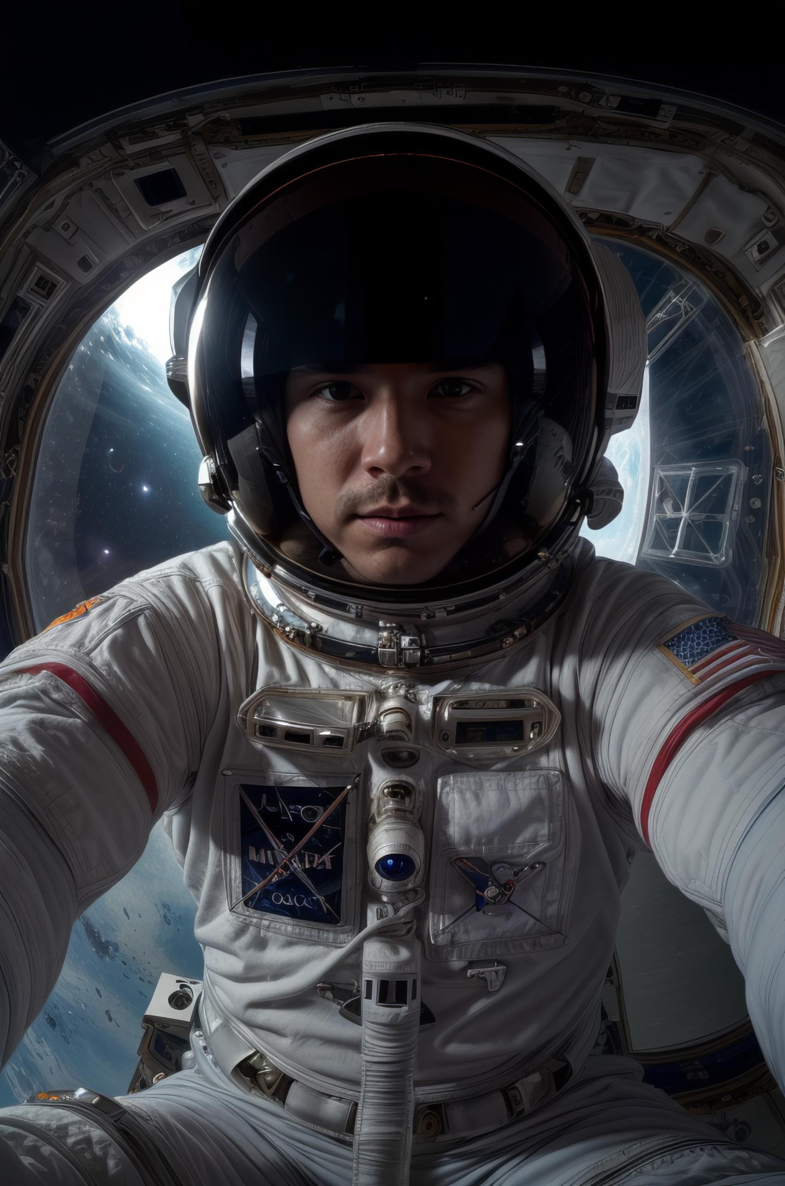 Astronaut in Space Suit Taking a Selfie in Front of a Space Window