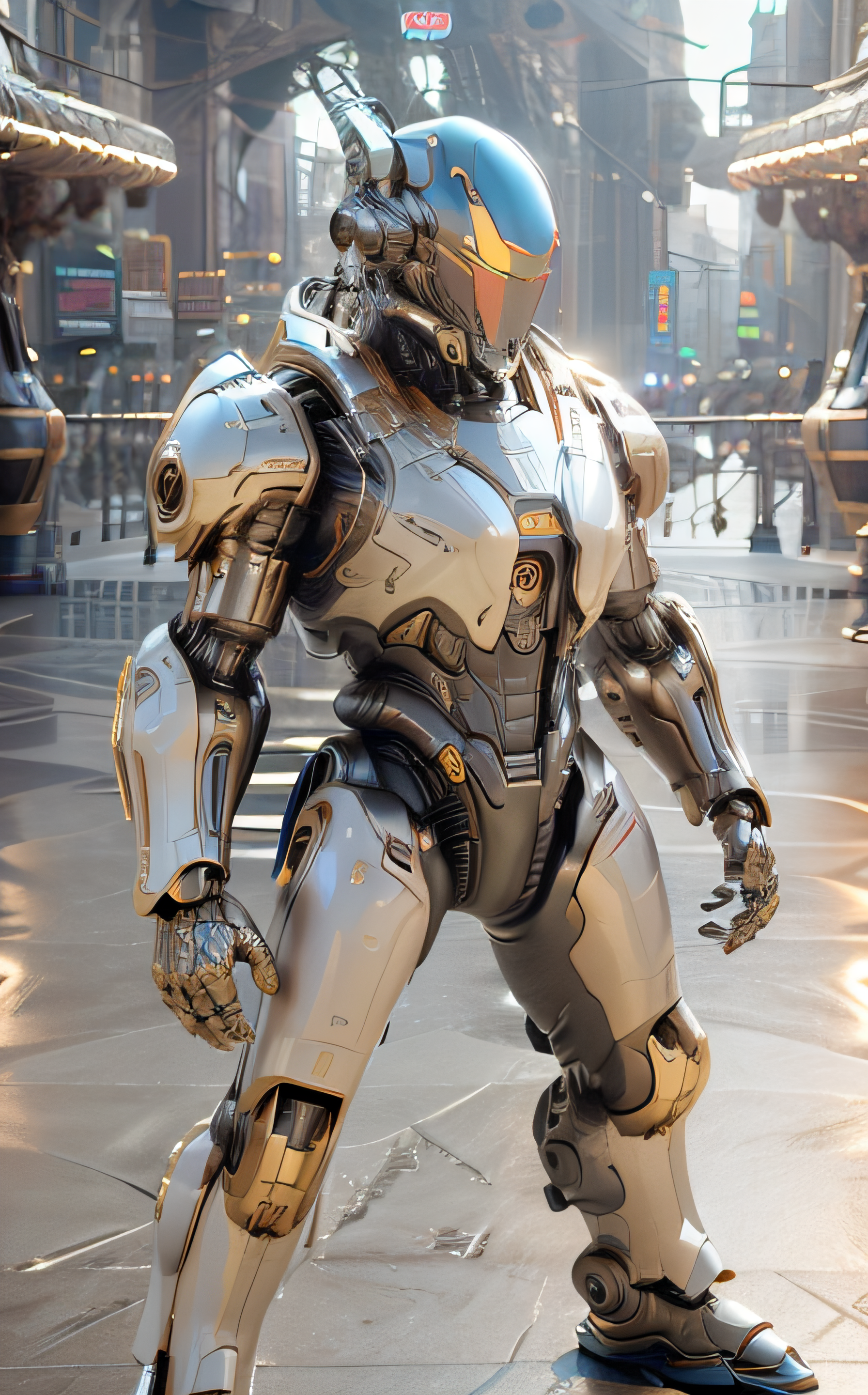 cinematic film still ((bright neon colors)), (top-quality, 8K, masterpiece:1.3) A photo of a sleek, humanoid robot, playing a musical instrument, wearing a stylish jacket, on a modern stage taken with a prime lens highly detailed, detailed skin, dramatic spotlighting <lora:IvoryGoldAIv2:1> ivory gold <lora:Niji:1> mecha . shallow depth of field, vignette, highly detailed, high budget, bokeh, cinemascope, moody, epic, gorgeous, film grain, grainy
