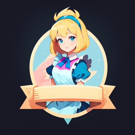 (masterpiece, best quality:1.1), (ribbon logo:1.2), 1girl, solo, (alice:1.1), from disney's alice in wonderland, blue and white, blonde hair, blue dress with white pinafore, black shoes, black hairband, blue eyes, apron, flat color, simple background