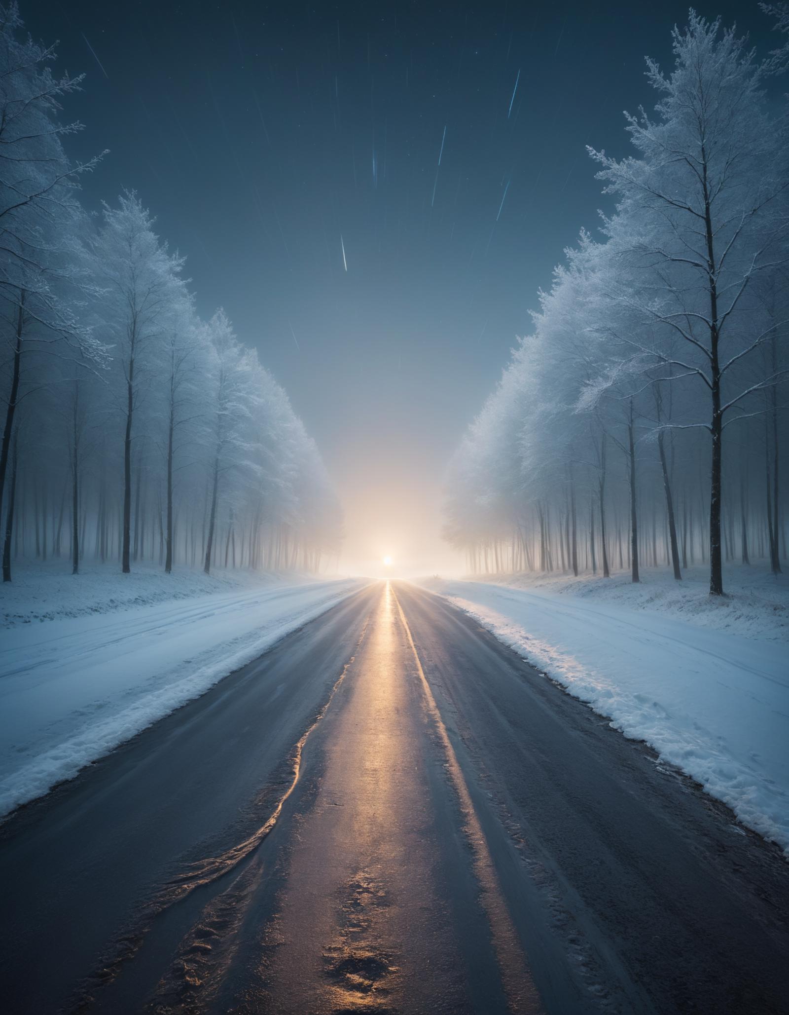 A snowy road with trees on either side and a bright light ahead.