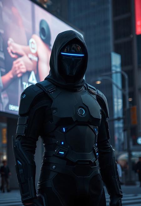 Null Node
A silent, gender-ambiguous figure clad in a jet-black full-body suit made of modular matte armor and glowing blue data nodes. Their face is obscured behind a featureless reflective mask with a single thin, blinking lens at the center, like a surveillance cyclops. Drones hover faintly around them. Standing in mid-glitch—edges fragmented like a corrupted hologram—Null Node leans in shadow against a digital billboard that flickers behind them, casting streaks of artificial light across their cloaked form in a city intersection gone silent.