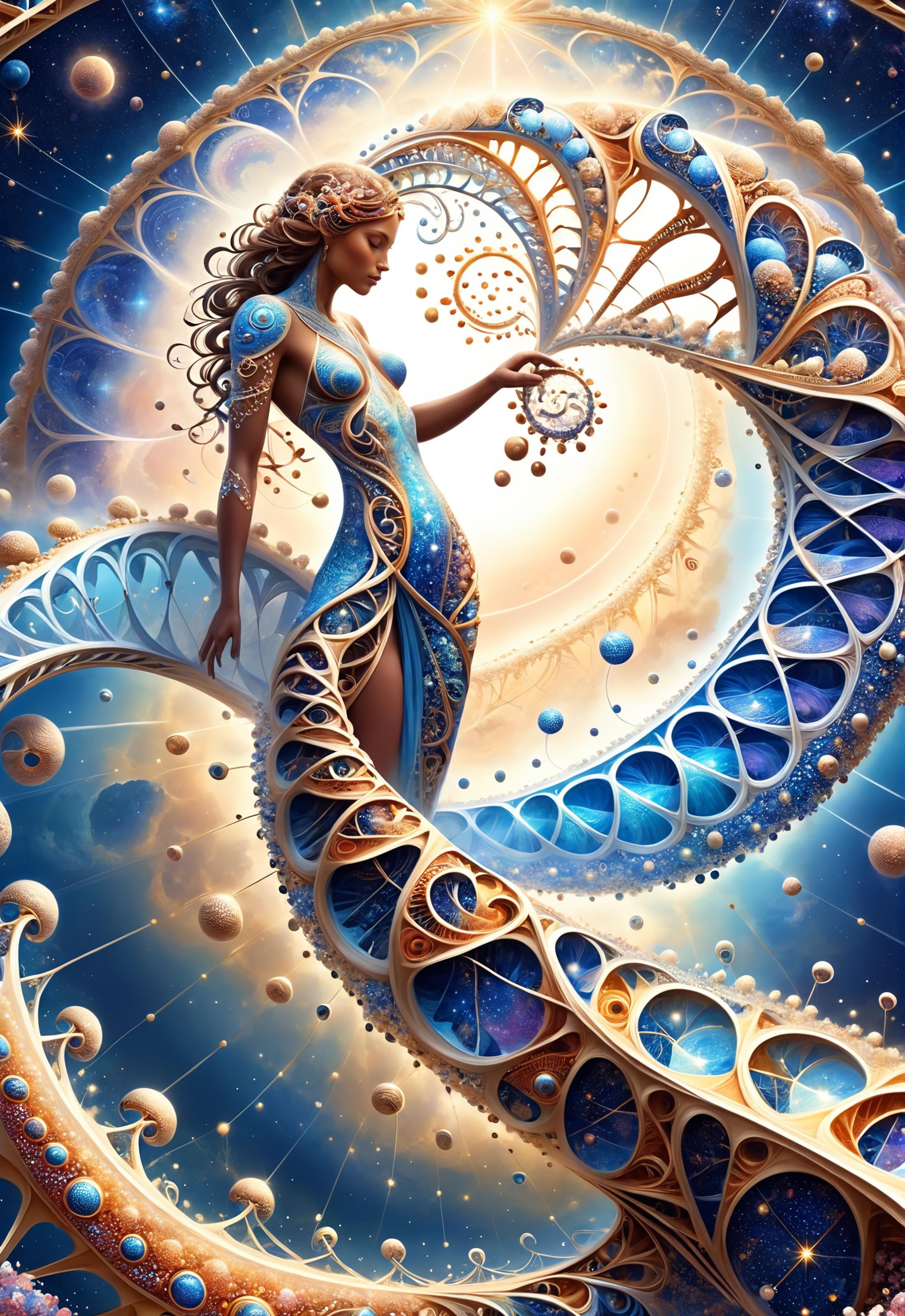 A beautifully rendered artistic image of a woman in a blue dress with a flowing tail.