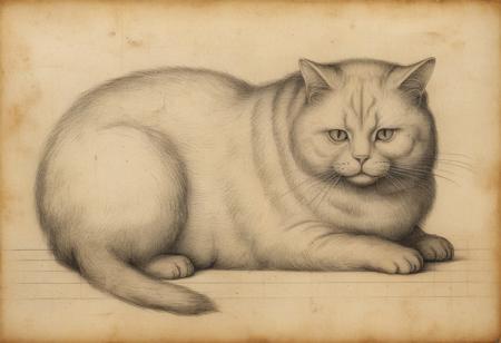Long lost Leonardo da Vinci drawing of a chubby cat, bleached paper, very old 15th century drawing
