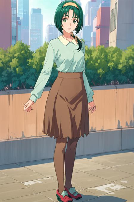 <lora:komachi_otona:0.7>, <lyco:GoodHands-beta2:0.6>, komachi_otona, green collared shirt, brown skirt, pantyhose, shoes, (low ponytail, hair over shoulder:1.5), long skirt, parted bangs, standing, full body, cofe in New York, smile, solo, mature female