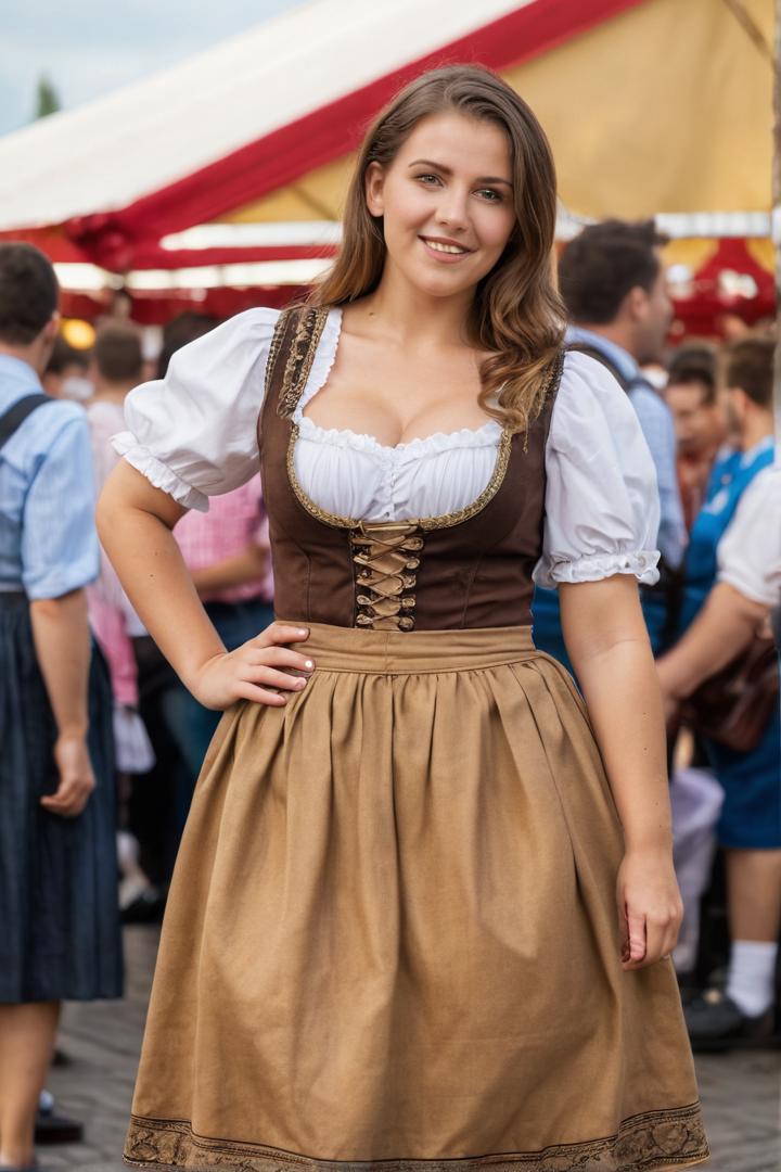 Curvy bavarian woman during oktoberfest, long skirt, extremely detailed clothing