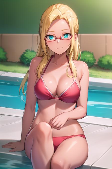 best quality, (masterpiece:1.2), highly detailed, day, pool, sun rays,
1girl, solo, <lora:chara_AmagiBrilliantPark_Ashe_v1_1:0.8>, ashe, closed mouth, smile, looking at the viewer, sitting,
(dark skin:1.3), blonde hair, long hair, pontail, aqua eyes, (semi-rimless eyewear:1.4), red bikini