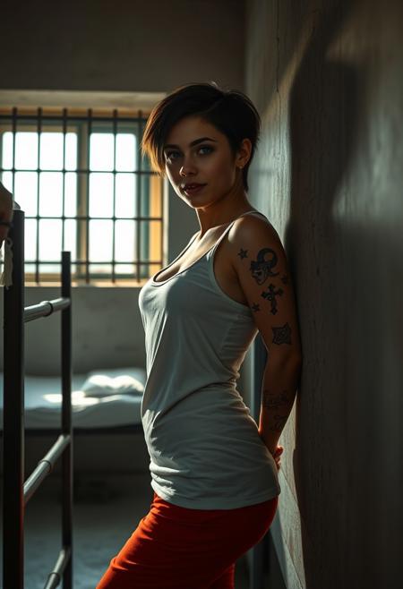 downbluse,  nipslip, Inside a young 25-year-old Latina woman is present in the scene. She strikes a sexy pose, with her body slightly tilted as she leans against the wall next to the bunk. She’s wearing a white tank top and (dark orange pants:1.5). (Her hair is very short:1.4), blue eyes, perfecteyes, which appears both sensual and smile. Tattoos of crosses, stars, and sacred images are visible on parts of her body. The dim light filtering through the barred windows casts sharp shadows across the room, creating a contrast between the stark environment of the dormitory and her alluring pose. The image is rendered in a realistic style, capturing the tension between the tough  surroundings and her presence
