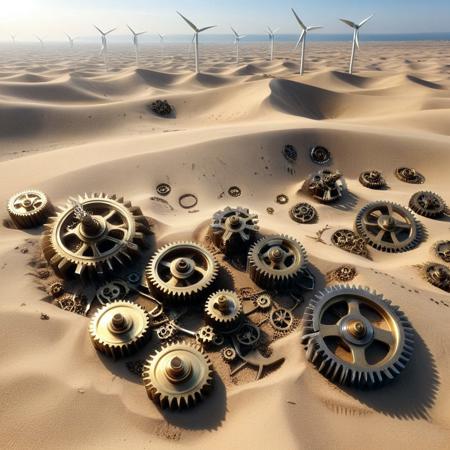 a desert of buried gear fragments, dunes formed from shredded cogwheels and fine brass dust, skeletal remains of gear-based creatures half-buried in the sand, horizon flickering with the shimmer of heat-powered turbines, wind carving mechanical patterns in the ground, g3ars, made out of gears
