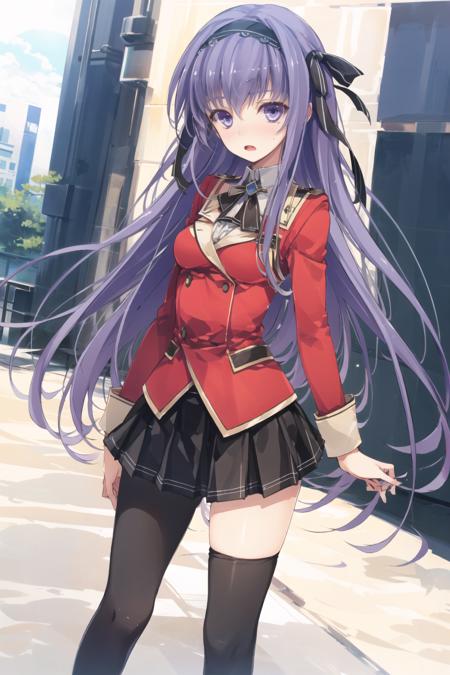 best quality,masterpiece, high res, 1girl, solo, (fujimori yuu), long hair, purple hair, very long hair, purple eyes, hairband, black hairband,hair ribbon, pantyhose, skirt, school uniform, open mouth, black pantyhose, blush, leated skirt, looking at viewer, blazer, jacket, standing
<lora:koikishi2:1>