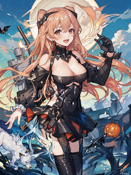 johnston hallowen \(kancolle\), 1girl, breasts, solo, dress, black dress, gloves, black gloves, bat \(animal\), cleavage, moon, official alternate costume, large breasts, full moon, single glove, clothing cutout, black thighhighs, looking at viewer, thighhighs, cowboy shot, cleavage cutout,ht, s nigky, detached sleeves, open mouth, original, intricate detail, illustration, masterpiece, extremely detailed CG unity 8k wallpaper, highlight, sharpening, dynamic,  <lora:JohnstonHalloween:0.5>