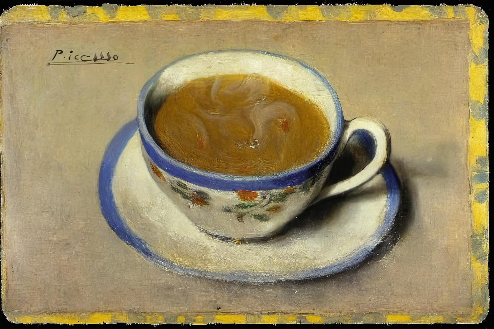 A cup of coffee painted on a blue and white plate.