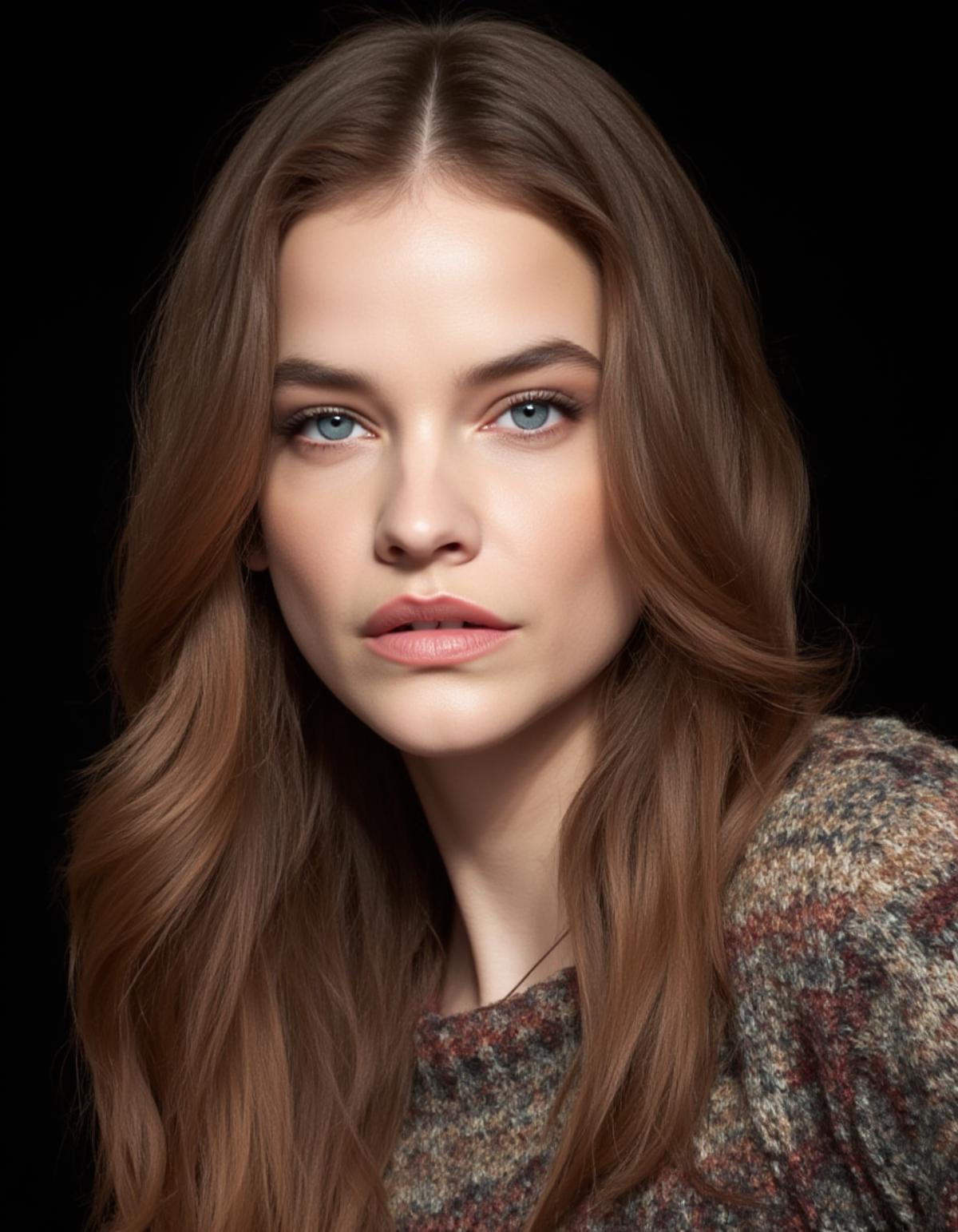 A closeup portrait photo of a stunning woman with medium length hair who gazing directly at the camera with a neutral expression.She is wearing a multicolored knitted sweater, against a dark background.Spotlight illumination.  She is wearing clear lipgloss.  <lora:Barbara_Palvin_FLUX_v1-000061:1>