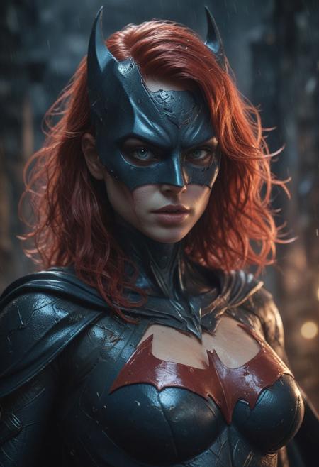 High resolution ultra-realistic of beautiful realistic Batgirl fighting against alien invasion, cinematic style, standing on a bloody and stormy battlefield in a fighting pose, bloody massacre, realistic modern combat costume, black mask, red cape, perfect athletic figure, wavy red hair, handsome dirty bloody face, realistic blue eyes, beautiful perfect detailed pupils, wet oily shiny skin, covered in dirt and blood, beautiful firm Breasts, defiant and seductive, sexy 20 year old girl, 8k resolution concept art portrait by Greg Rutkowski, Dark Gotham City, Artgerm, WLOP, Alphonse Mucha, dynamic lighting, hyperdetailed, intricately detailed, Splash art trending on Artstation triadic colors, Unreal Engine, 5 volumetric lighting, Cinematic Lighting, intricate, smooth, sharp focus digital painting, Asymmetrical Balance, painting, dynamic lighting