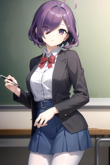 Nemuribuka Maruri ahoge,short hair,purple hair,hair ornament,hairclip,hair over one eye,bangs,purple eyes black jacket,open jacket,collared shirt,white shirt,red bowtie,long sleeves,medium breasts,blue skirt,white pantyhose,loafers