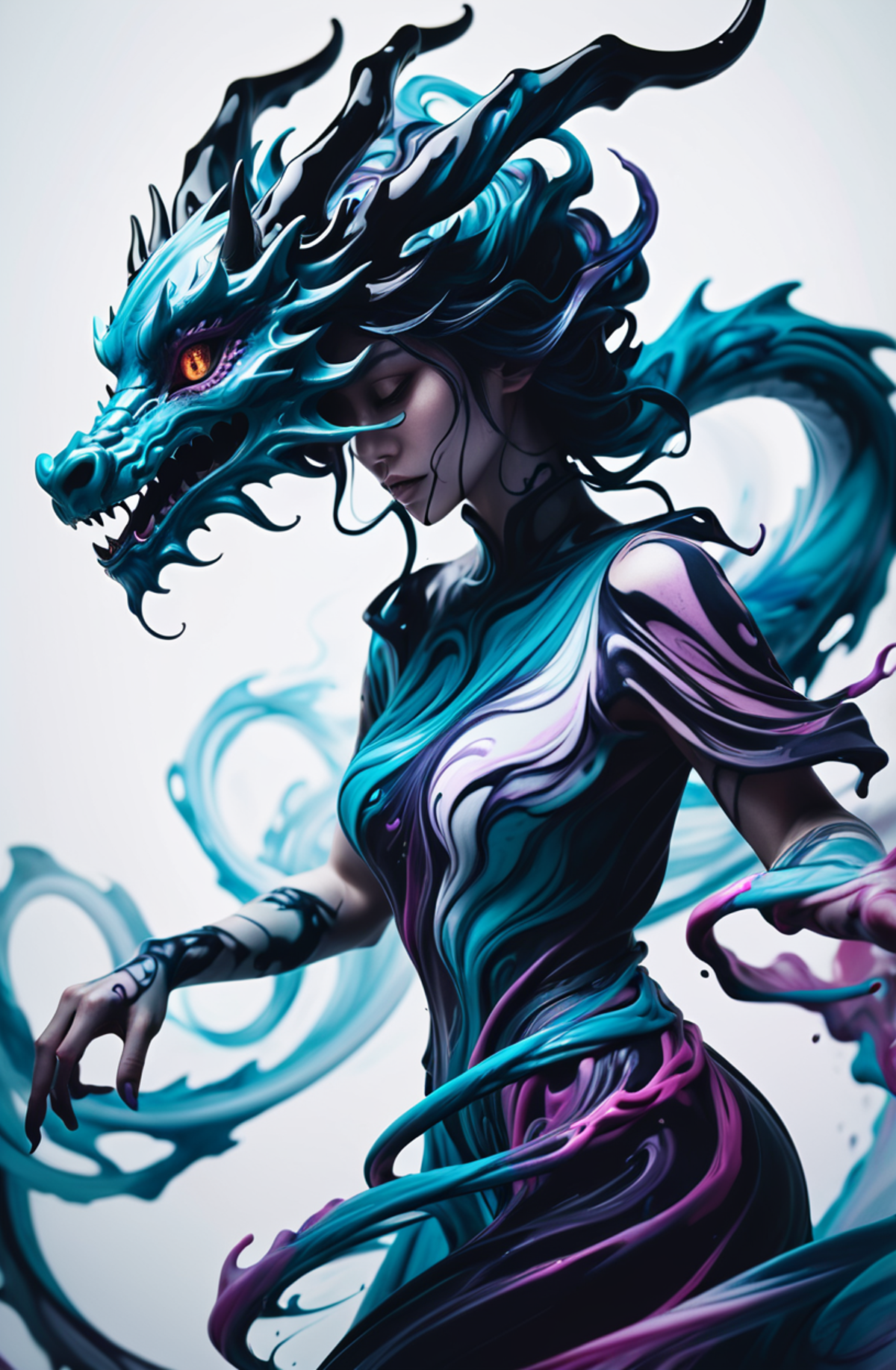 photograph, cinematic color grading, <lora:EnvyInkSwirlXL01:1>dragon maiden made of swirling ink<lora:EnvyBetterHiresFixXL...