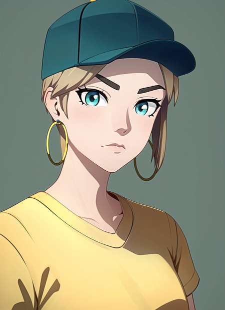 aaravos <lora:dragon_prince_aaravos_offset:1>, masterpiece, best quality, 1girl, aqua eyes, baseball cap, blonde hair, closed mouth, earrings, green background, hat, hoop earrings, jewelry, looking at viewer, shirt, short hair, simple background, solo, upper body, yellow shirt