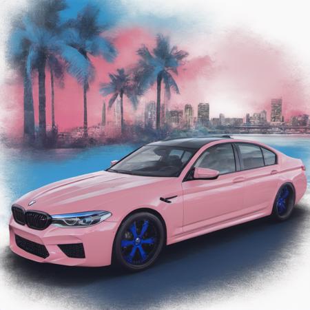 stylized illustration of bmw m5, artwork, colorful with city street and palm tree background, outrun, pink and blue <lora:bmw_m5:1>