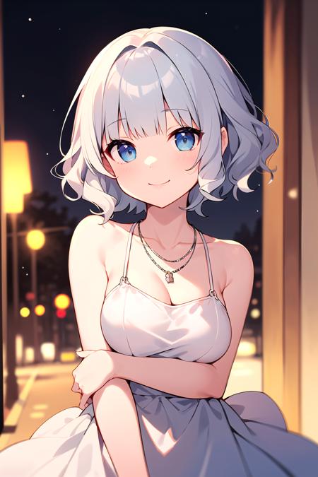 masterpiece, best quality, cute,
short hair, blue eyes, silver hair, wavy hair, blunt bangs, dress, medium breasts, smile, necklace, bare shoulders, 
depth of field, night, bokeh, street,