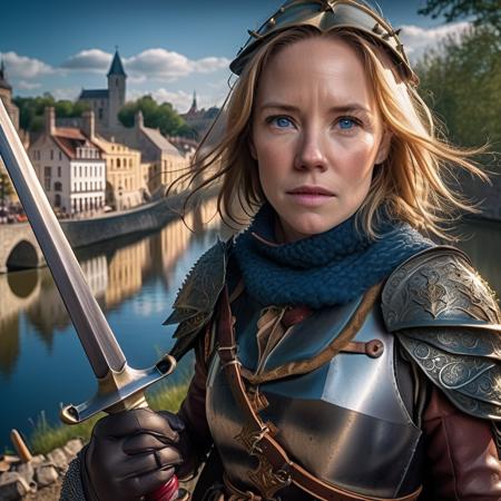 highly detailed documentary photo of guard:1.3,

solo, gloves, 1girl, solo focus, ((looking at viewer)), boots, outdoors, day, ((helmet)), armor, ((blue eyes)), shoulder armor, cape, brown gloves, holding weapon, polearm, chainmail,  blurry background, overlooking river, medieval town, (detailed eyes), (detailed iris), (realistic:1.3) (professional lighting:1.2), 

masterpiece, best quality:1.1, 

ultra photoreal, photorealistic:1.0, sharp focus:1.1, 
depth of field:1.1, god rays:1.4,

50mm, style of Nathan Wirth, Hasselblad X1D II, Porta 160,
