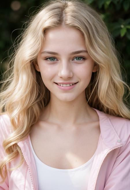 photograph of a 18 year old german girl, blonde, very attractive, long lashes, petite, cute, long hair, curly hair, beautiful face, petite face, youthful face, cute face, nice joyful smile, excited gaze, flushed cheeks, nice contoured youthful cheeks, beautiful nose, perfect nose, small nose, green eyes, perfect round eyes, realistic fine detailed eyes, hyper beautiful eyes, absolute stunning eyes, small body, petite body, large breasts, (((wearing an open pink light jacket))), wearing a white tank top, pastel blue denim jeans, nice styled clothes, in summer, lots of sun,  Porta 160 color, shot on ARRI ALEXA 65, bokeh, sharp focus on subject