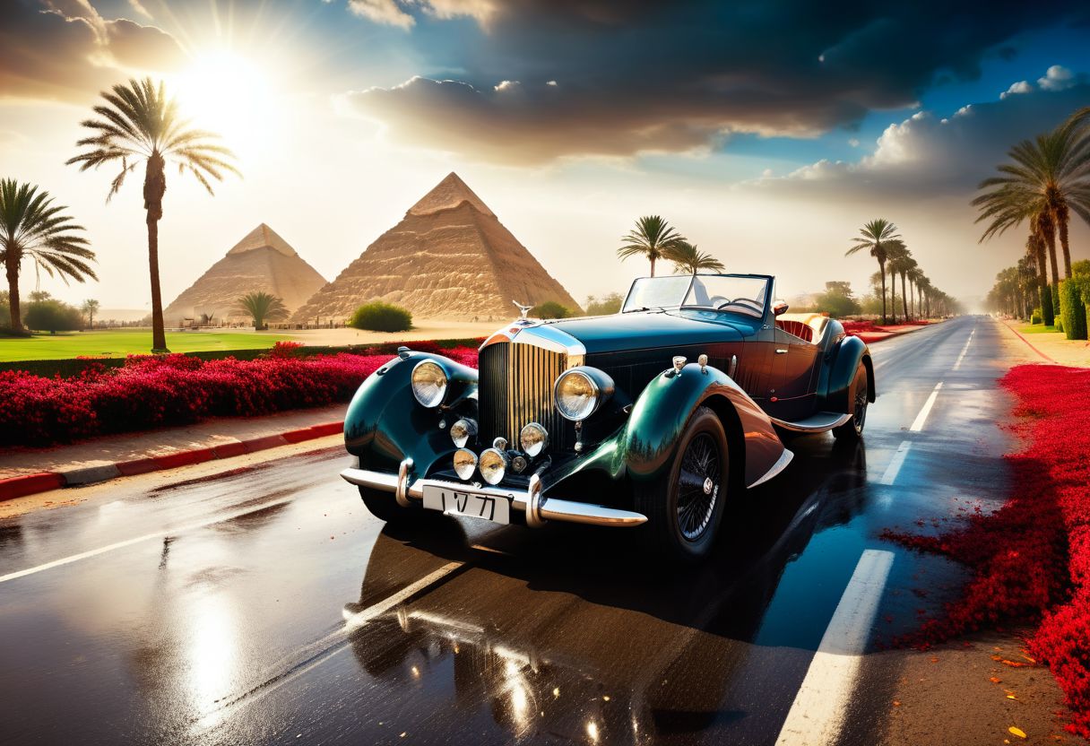 cinematic photo of Bentley Royce V12 special 1937, magnificent three pyramids of Giza appear clearly, charm, highly detailed car, Professional lighting, full of life, Lively and energetic, 8K, rays of sun flow beyond heavy clouds, HDR, Fast & Furious movie, motion blur, moving tires, Cinematic Shot, Cinematic Lighting, amazing world, pure perfection, Need For Speed, wide angle exterior background, wet asphalt road, autumn leaves, grass, flowers, jasmine flowers, palm trees, nebula horizon.