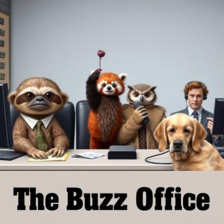 A bored-looking sloth (as Jim) stares deadpan at the camera while a hyperactive red panda (as Dwight) waves a tiny beet in the background. A sensible owl (as Angela) judges them from her desk, and a golden retriever (as Michael) barks into a phone awkwardly. The headline is “The Buzz Office.”