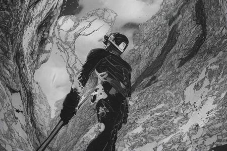 drawing in the style of tsutomu nihei, manga, monochrome, grayscale, bold lines