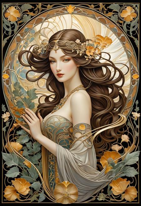 An intricate and mystical composition, interweaving Symbolism with sinuous Art Nouveau forms. Figures are elongated and stylized, often caught in moments of spiritual or emotional tension. Flowing lines guide the eye across a tapestry of ornate patterns, organic motifs, and esoteric symbols. Hair, fabric, and foliage intertwine seamlessly, creating a rhythmic, almost musical visual harmony. The color palette shifts between muted earth tones and luminous golds, silvers, and pastels, enhancing the ethereal, visionary quality. The atmosphere is otherworldly and introspective, rich with allegory and dreamlike mystery.