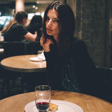 cinematic photo RAWphoto DLSR photo \(medium\), emrata \(subject\) in a dimly lit restaurant, supermodel \(woman.subclass\), white shirt and black pants \(clothing\), (simple background, portrait) \(style\), (real, highres, best quality, full sharp, 4 k photography) \(photo.quality\), ___artists/Photography/photographers___, . 35mm photograph, film, bokeh, professional, 4k, highly detailed