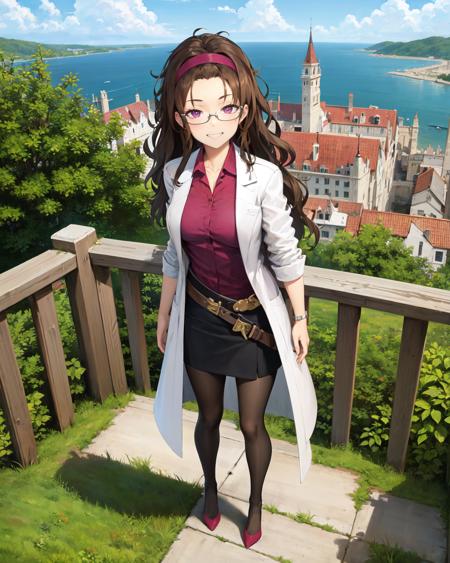 best quality, (masterpiece:1.2), illustration, absurdres,
(1girl), (solo), (beautiful detailed girl), from above
<lora:Rosalie-07:0.7>, brown hair, long hair, messy hair, burgundy headband, forehead, purple eyes, medium breasts,
glasses, half-frame glasses,
labcoat, burgundy shirt, belt, black skirt, black pantyhose, high heels,
looking at viewer, smug, grin,
garden, distant sea, distant ocean, mediterranean buildings, white buildings, castle on top of hill