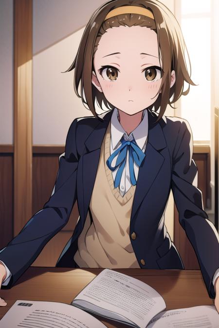 ritsutainaka, <lyco:ritsutainaka-LYCORIStest:1>,
ritsu tainaka, (brown eyes:1.7), light brown hair, (forehead:1.5), hairband, short hair, (flat chest:1.2),
BREAK sakuragaoka high school uniform, school uniform,
BREAK looking at viewer,
BREAK indoors, classroom,
BREAK <lora:GoodHands-vanilla:1>, (masterpiece:1.2), best quality, high resolution, unity 8k wallpaper, (illustration:0.8), (beautiful detailed eyes:1.6), extremely detailed face, perfect lighting, extremely detailed CG, (perfect hands, perfect anatomy),