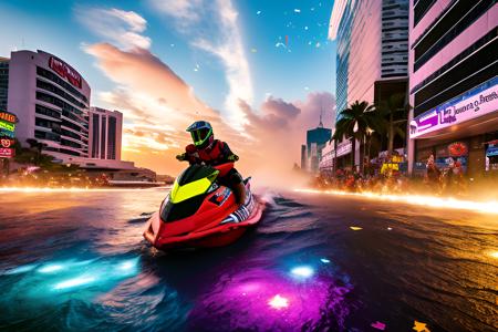 bright sunny day beautiful cloudy sky sunset jet ski racing down cyberpunk Miami city sea neon signs and crowds confetti debris dust wind volumetric fog exciting epic action camera, (masterpiece:1.2) (photorealistic:1.2) (bokeh) (best quality) (detailed skin) (intricate) (8k) (HDR) (cinematic lighting) (sharp focus) (beautiful water)
